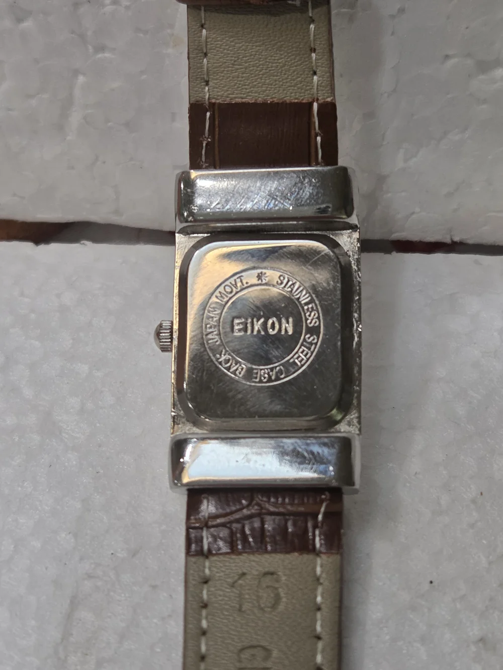 Eikon Rectangular Silver Case Watch with Brown Leather Strap